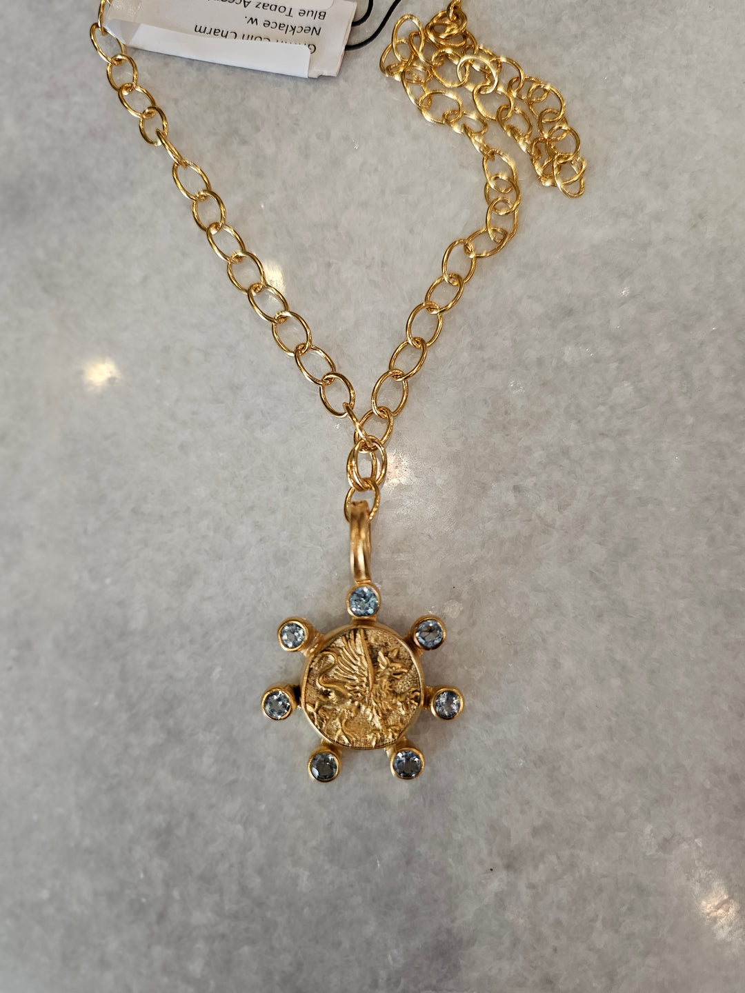 Dina Mackney Griffin Coin Charm Necklace w. Blue Topaz Accents