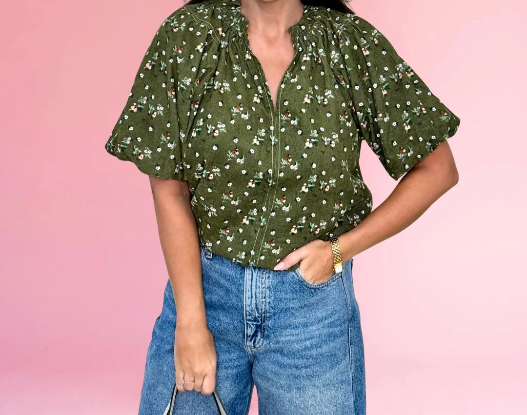 THML Puff Sleeve Corduroy Flower Top