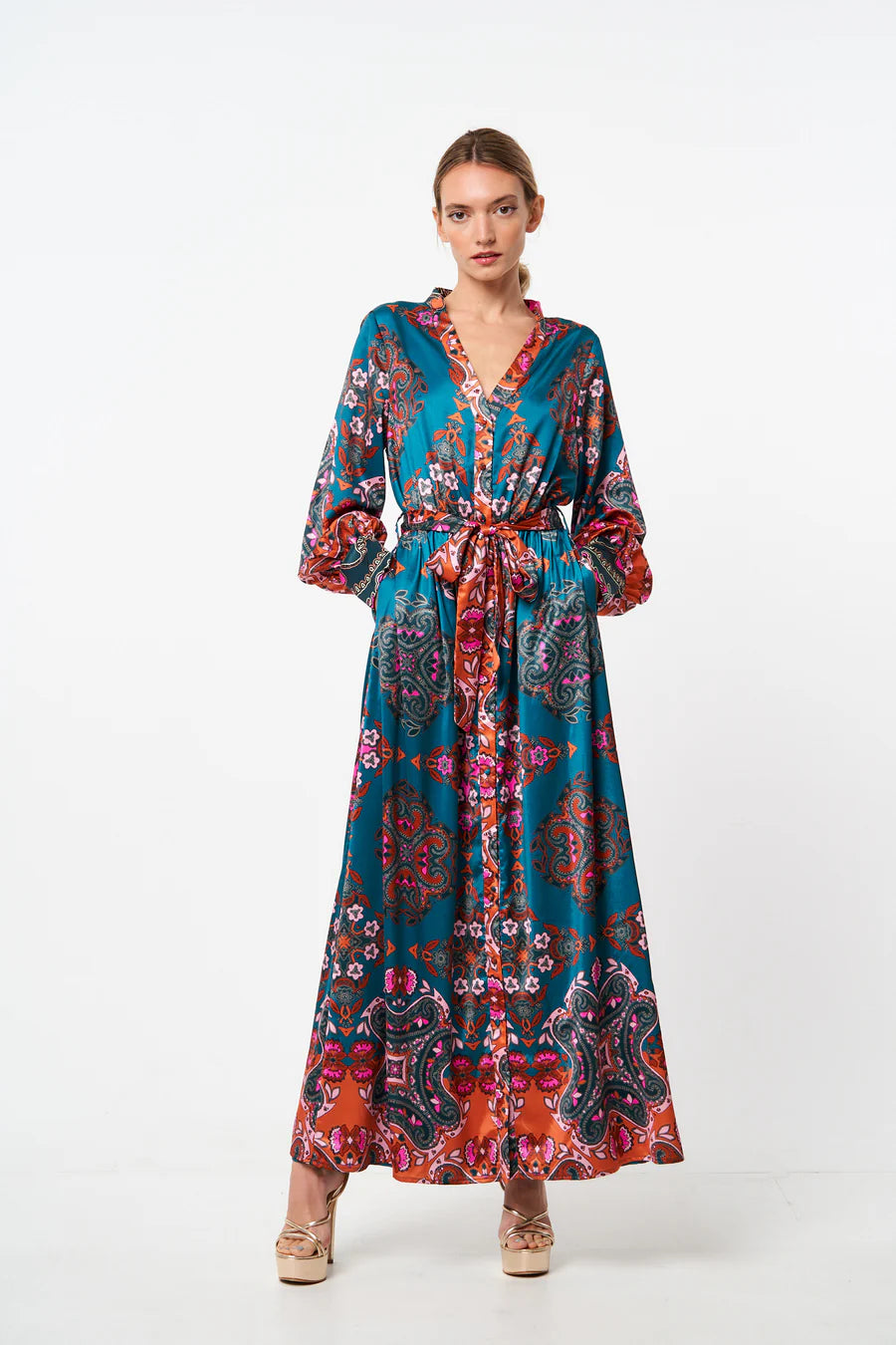 Ciebon Green Printed Maxi Shirt Dress