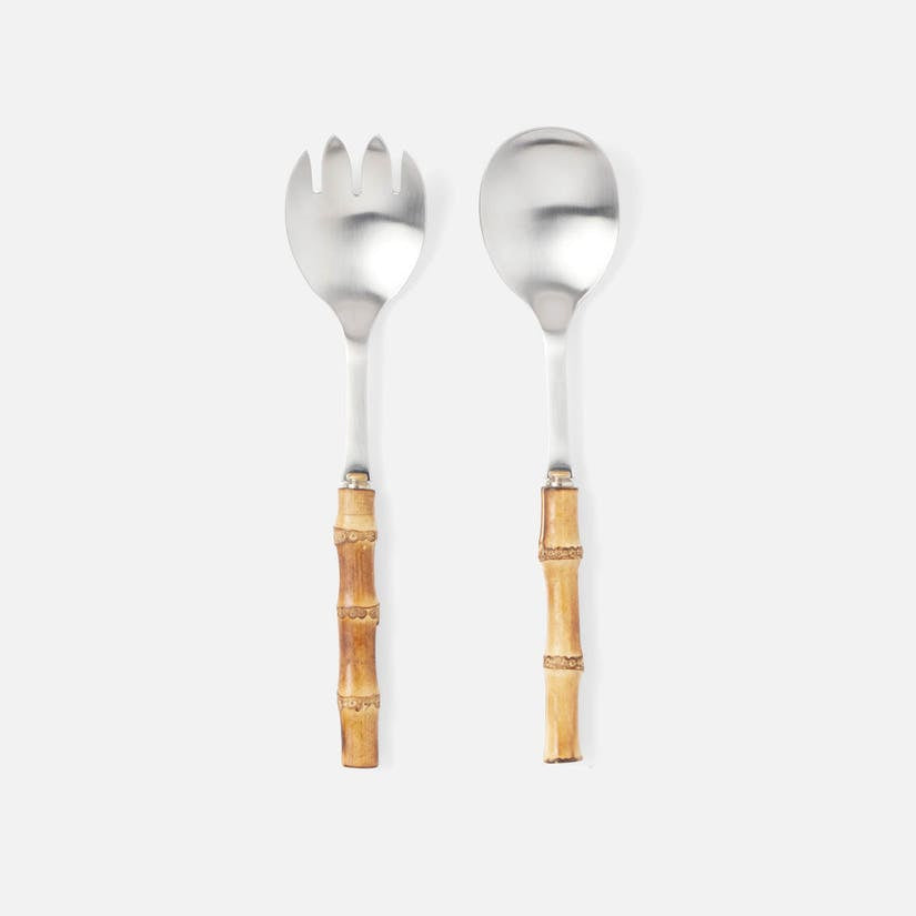Blue Pheasant Zoya Matte Gold/Natural Two Piece Set Serving Spoon & Fork Stainless Steel/Bamboo