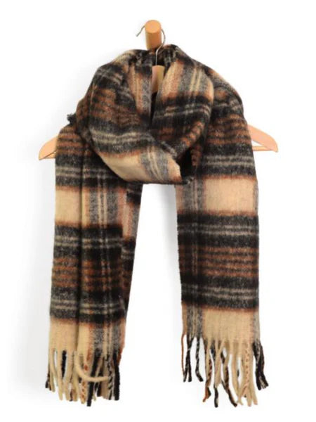 Susan Joy Black and Tan Tartan Plaid Fringe Scarf
