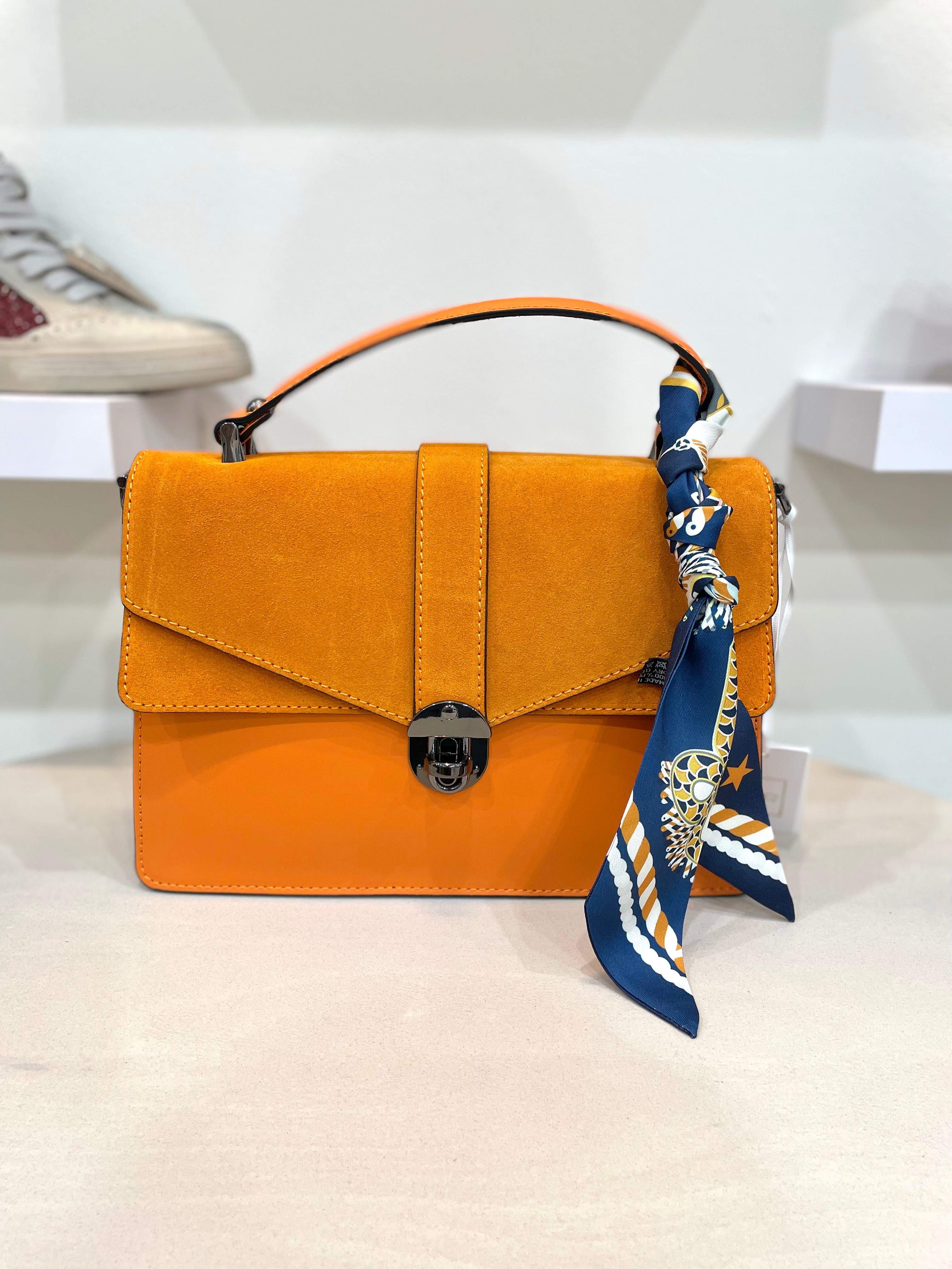 Genuine Italian Leather Satchel Strap Handbag With Twilly