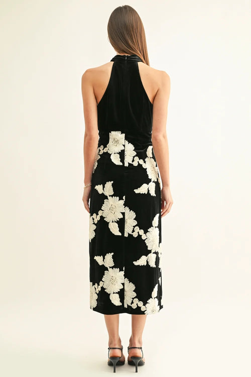 Adelyn Rae Flower Embellished Velvet Halter Midi Dress