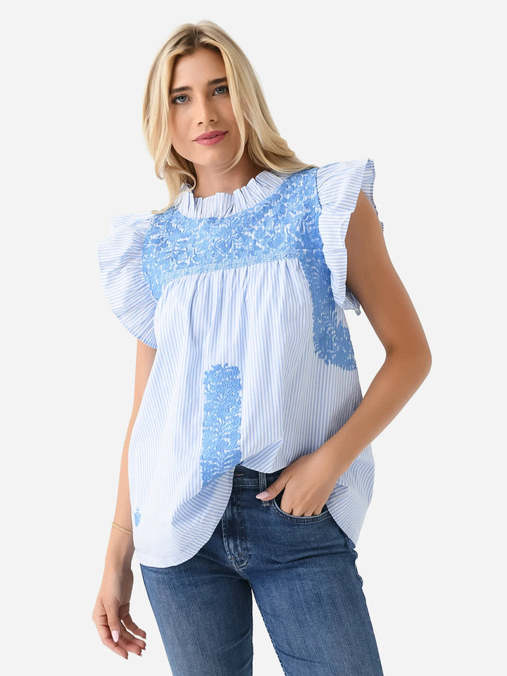 J.marie Stripped Embroidered Ruffle Top