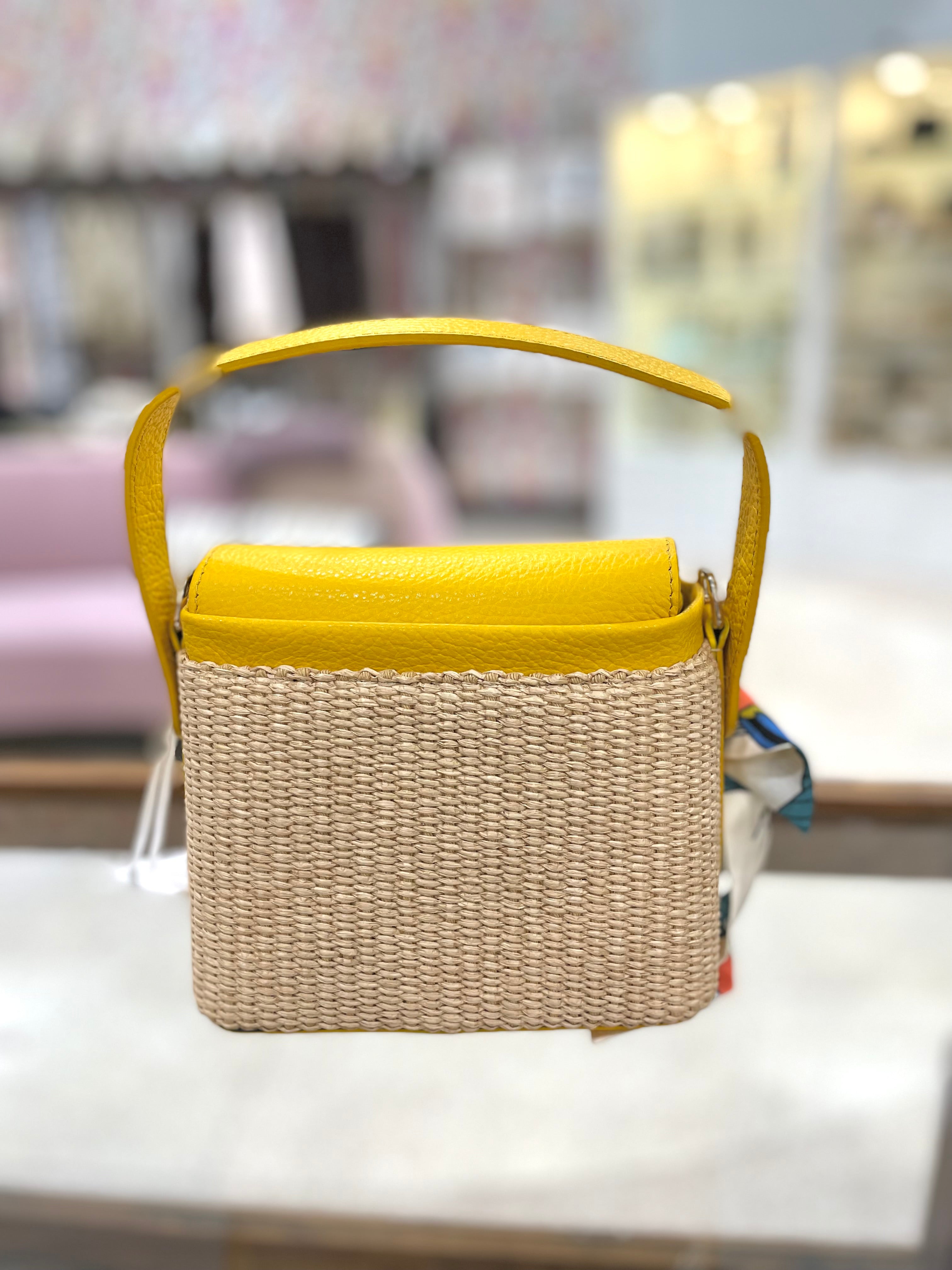 Genuine Italian Leather & Rattan Handle Bag With Twilly