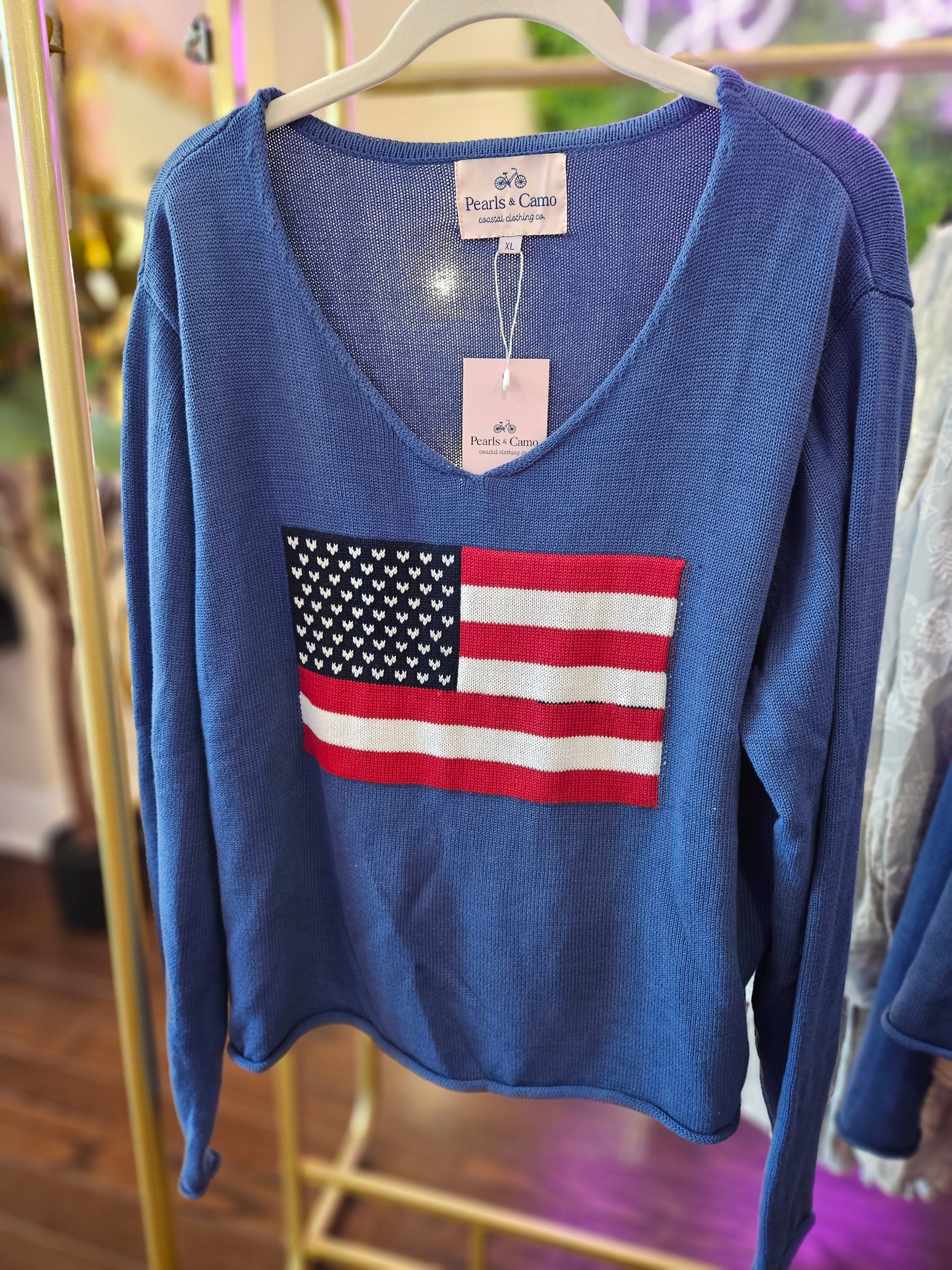 Pearls & Camo American Flag Sweater - Navy