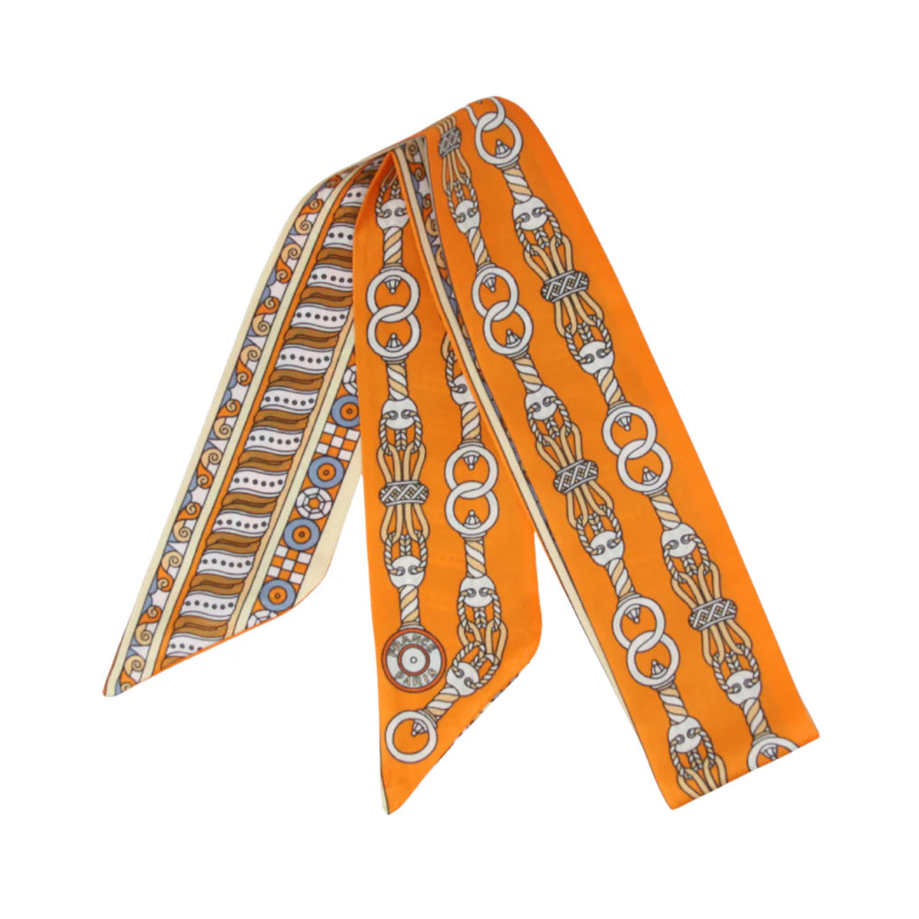 Spiraling Equestrian Motif Printed Skinny Silk Scarf Twilly