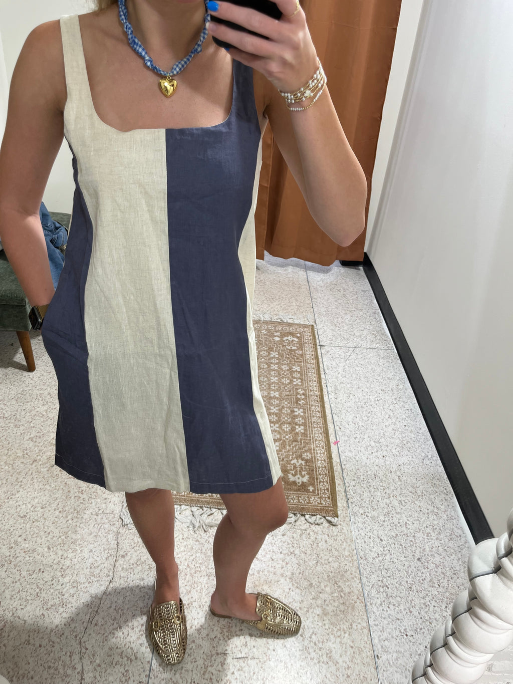 Miou Muse Navy Striped Linen Dress