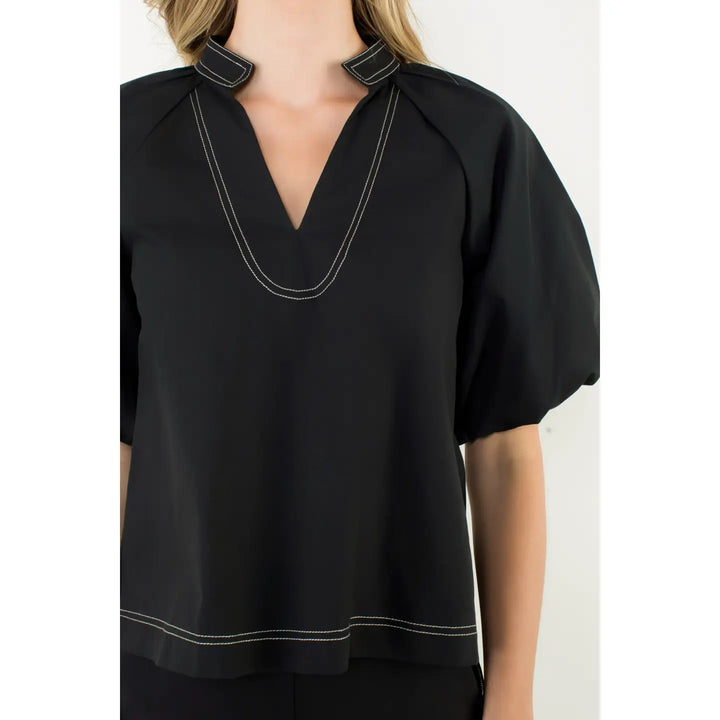 THML Puff Sleeve Solid V-Neck Top