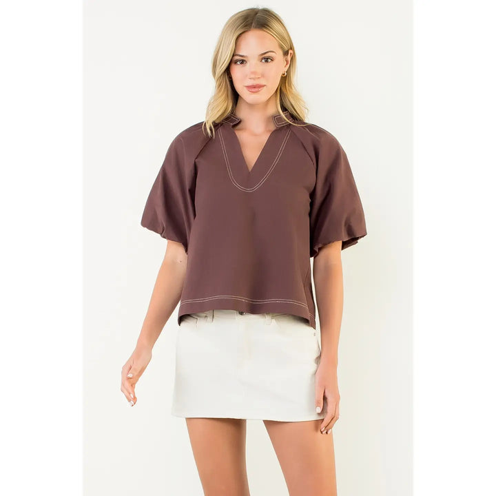 THML Puff Sleeve Solid V-Neck Top