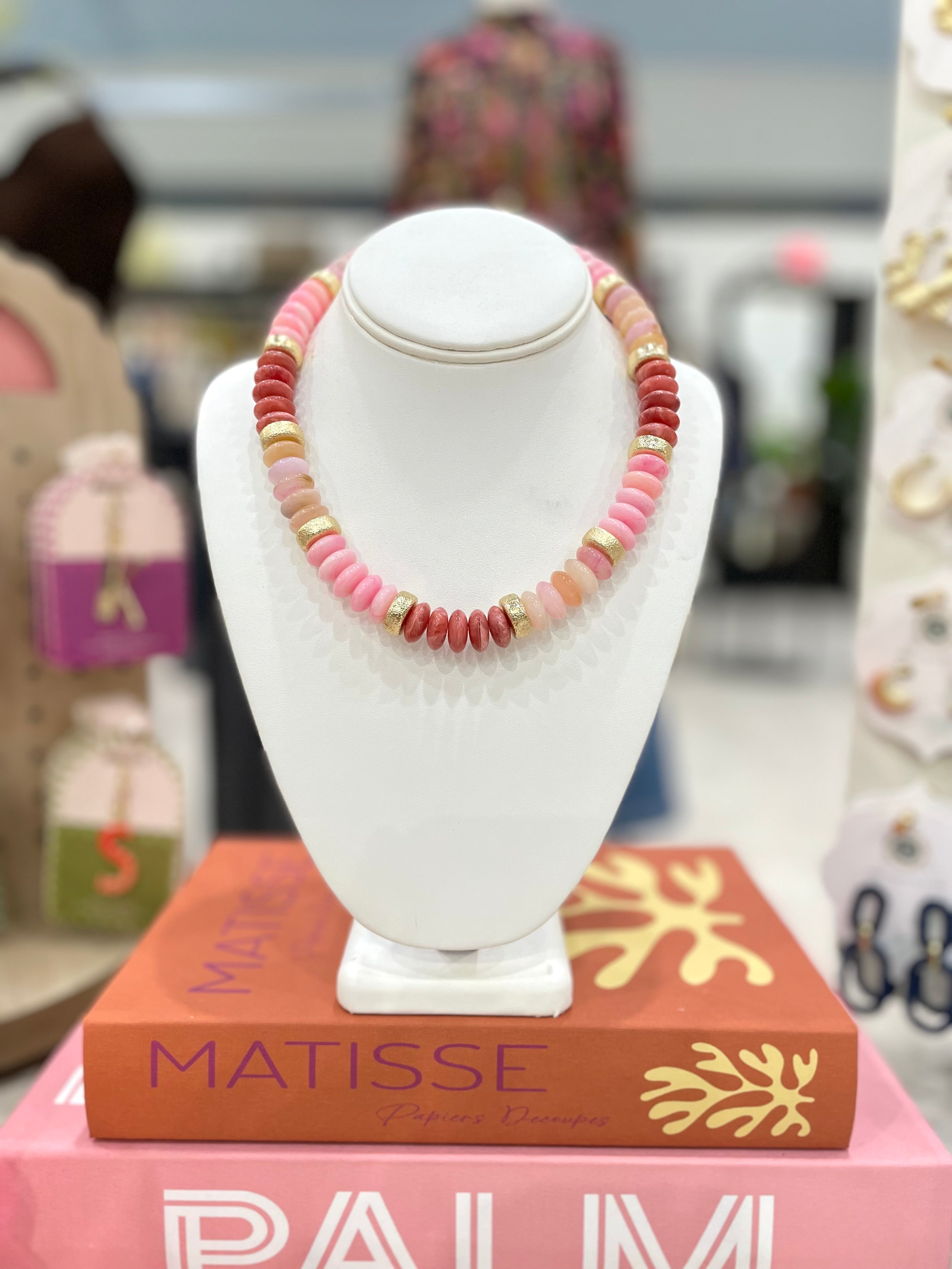 Beaded Candy Necklace Pink & Gold 17”