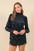 Doe and Rae Smocked Mockneck Velvet Long Sleeve