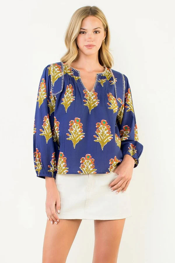THML Long Sleeve Floral Detail V-Neck Top
