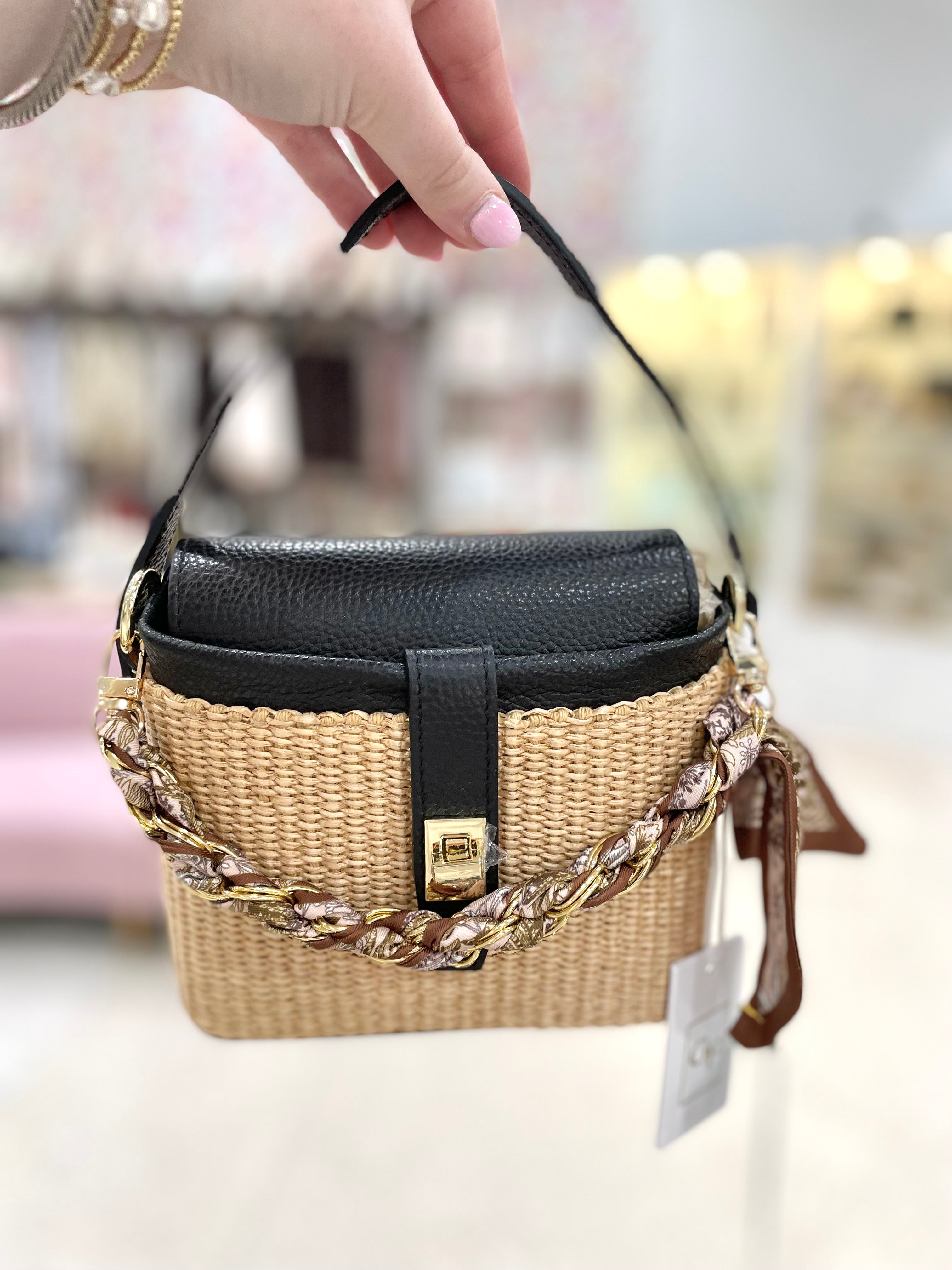 Genuine Italian Leather & Rattan Handle Bag With Twilly