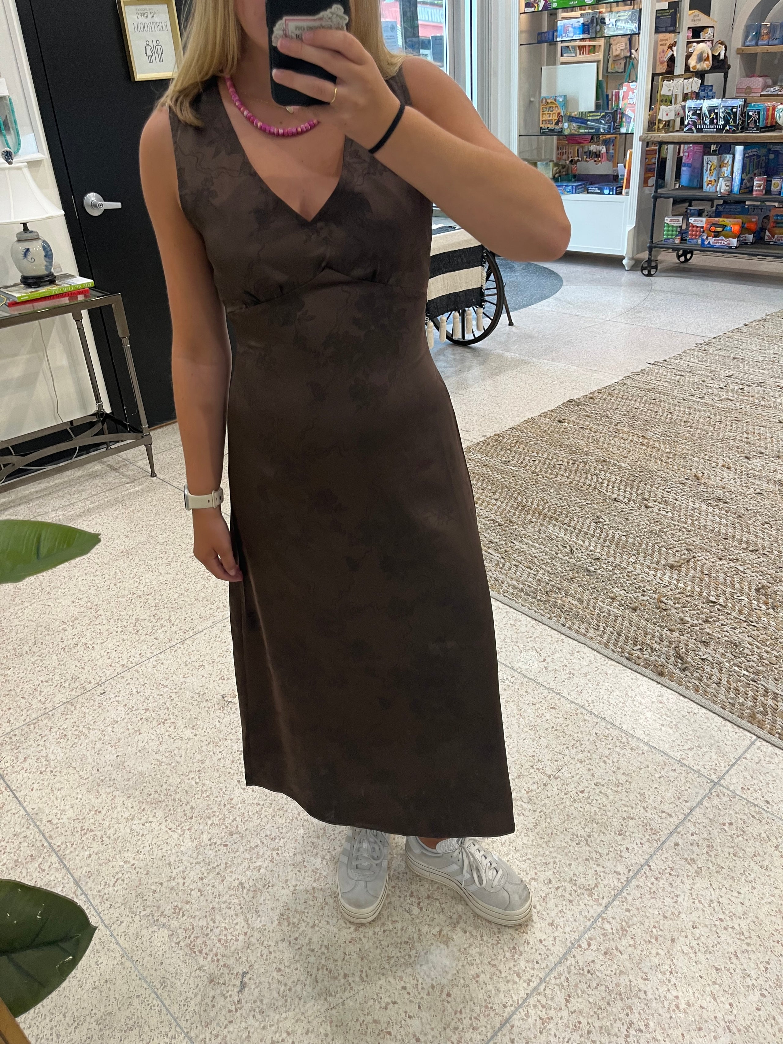 Zoe and Claire Brown Satin V Neck Dress
