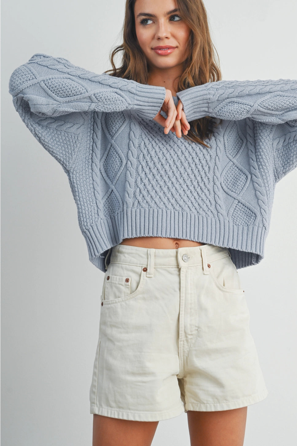 Cozy Cropped Cable Knit Sweater Blue