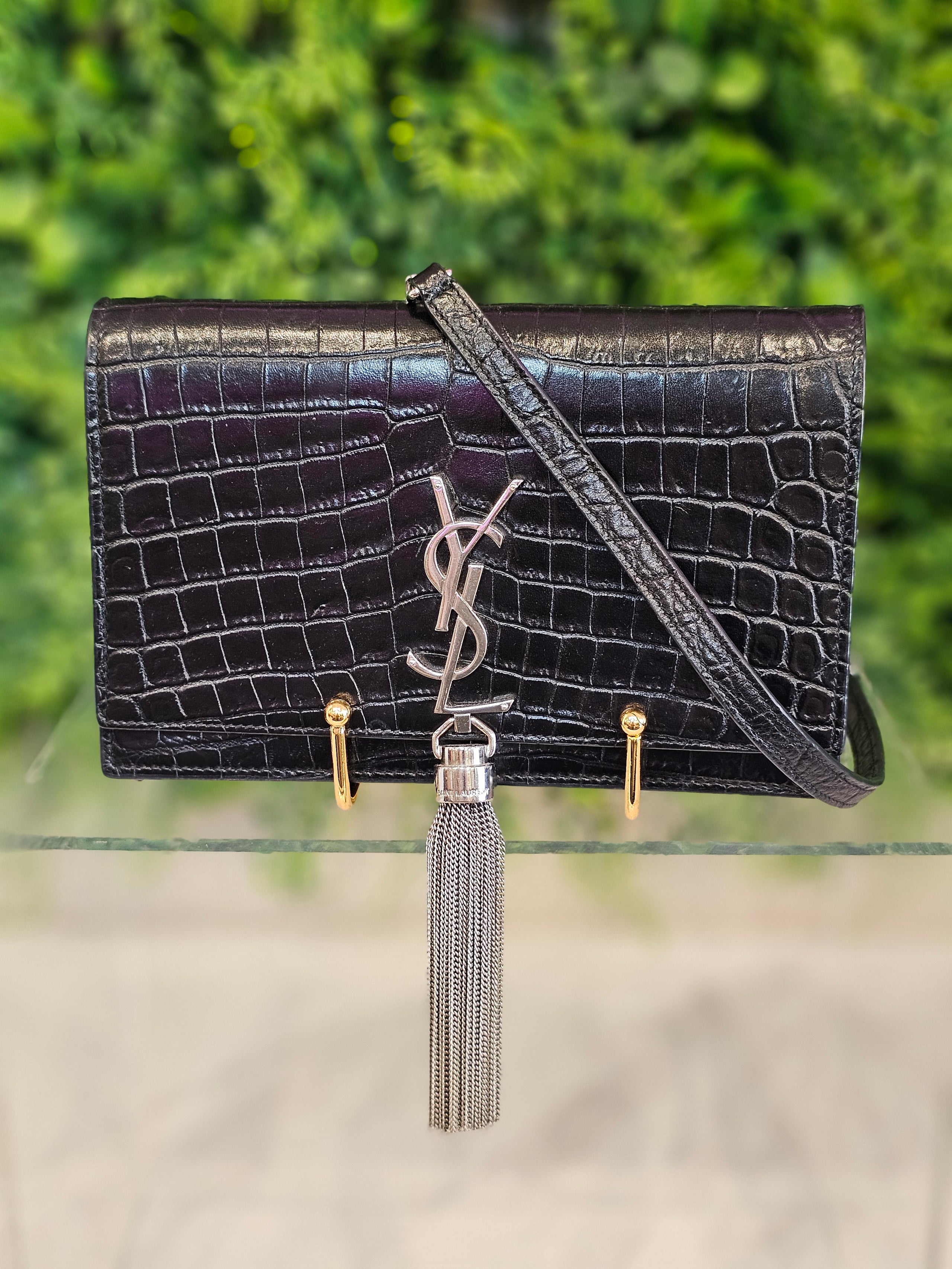 YSL Kate Croc Effect Gloss Black Leather