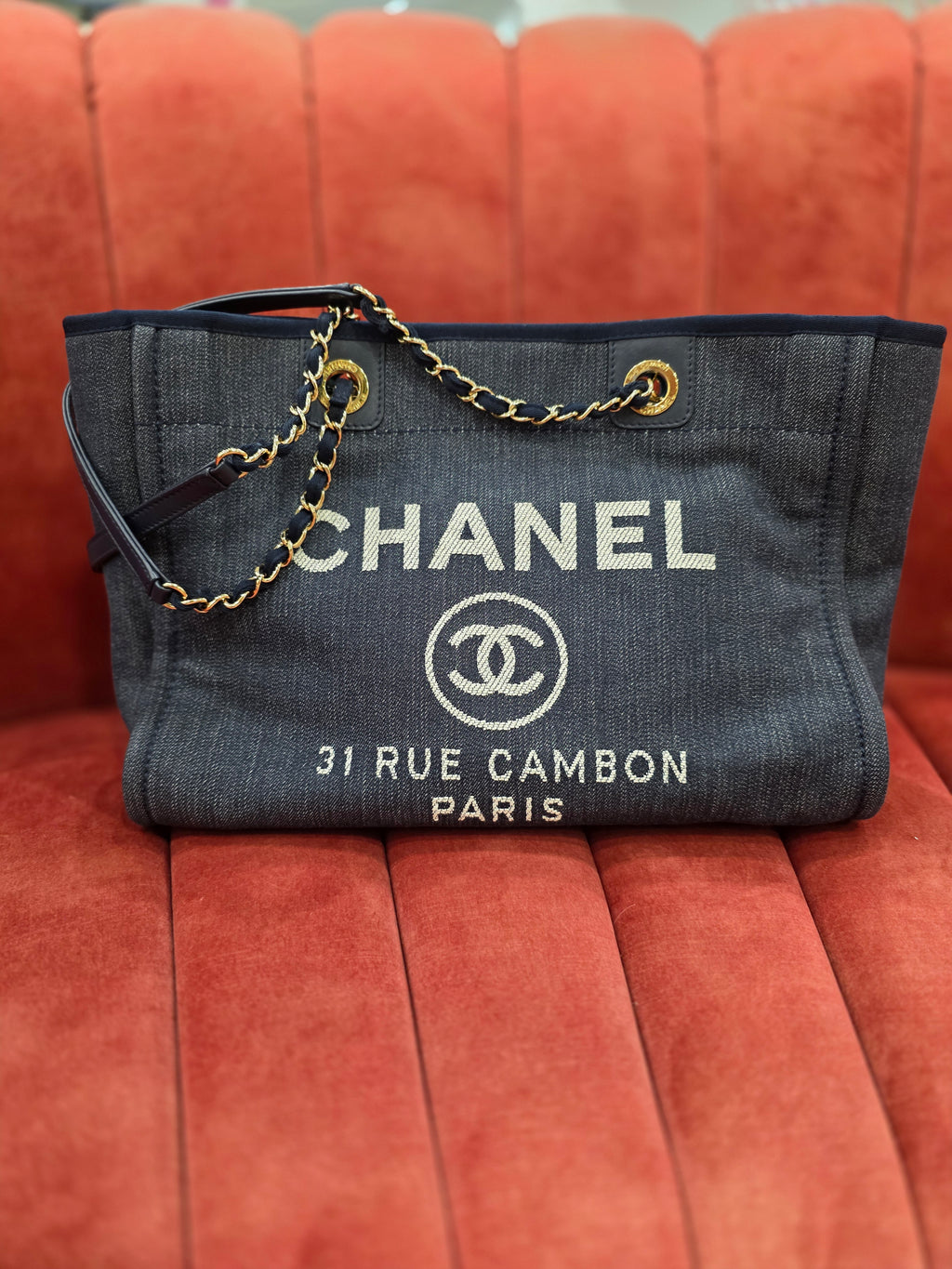 Chanel Deauville Chain Tote Blue Denim