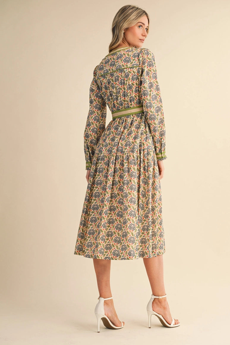 Green Pattern Midi Tie Dress