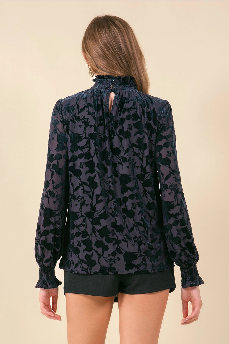 Doe and Rae Smocked Mockneck Velvet Long Sleeve