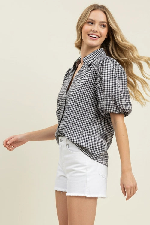 Pinch Floral Gingham Puff Sleeve Top