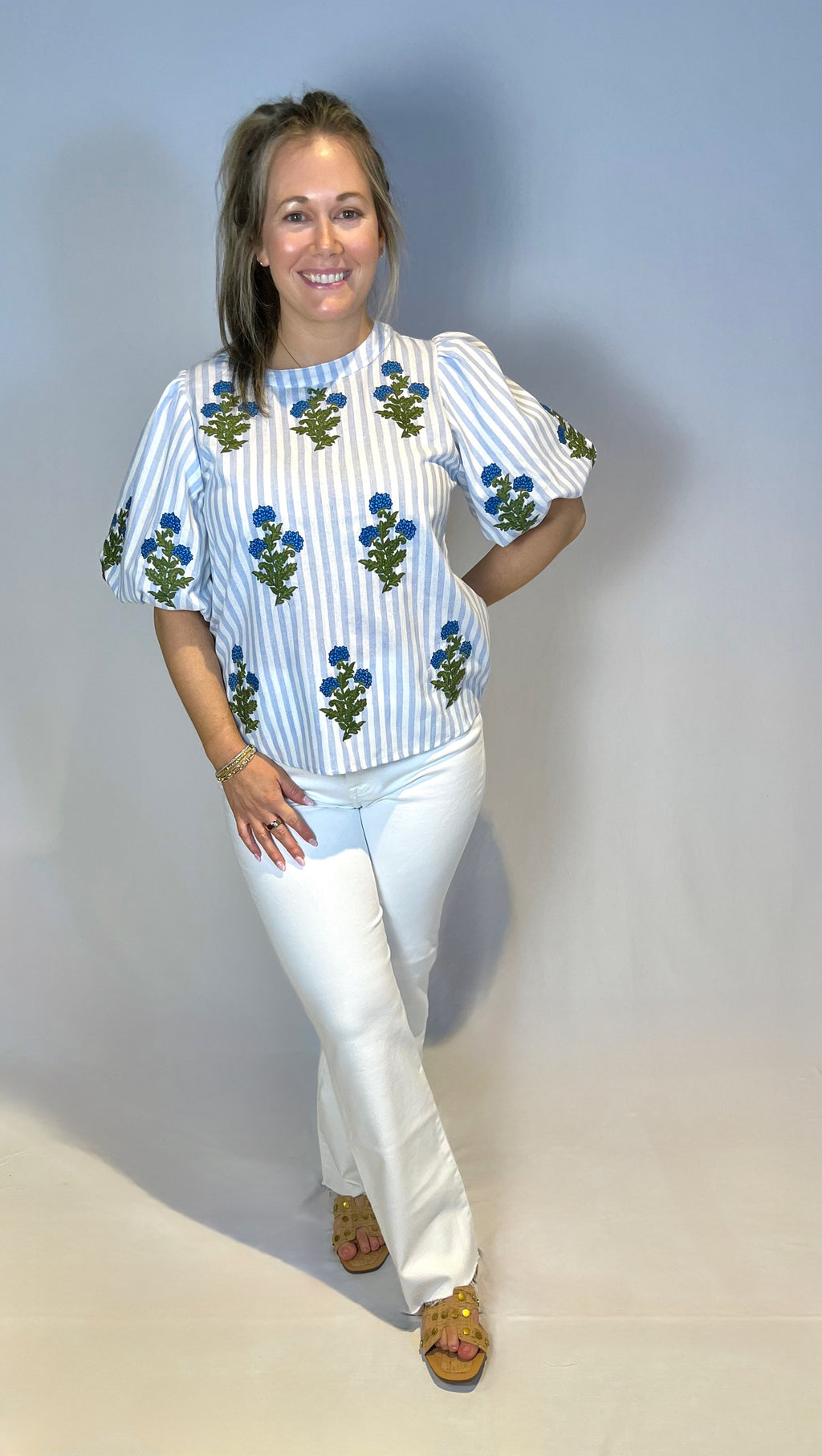 THML Blue Striped Embroidered Hydrangea Top