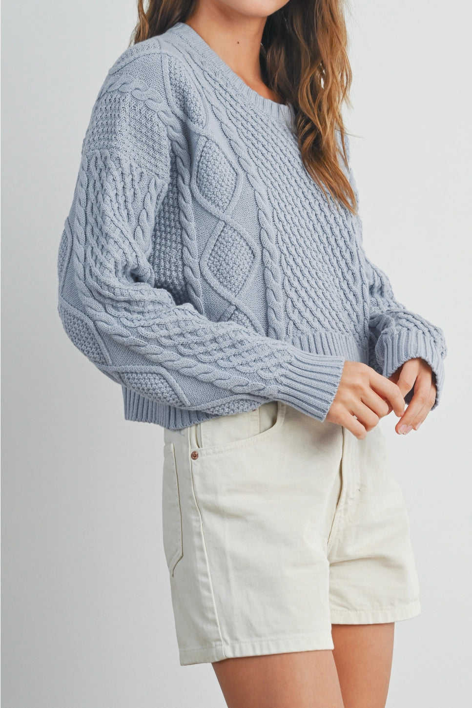 Cozy Cropped Cable Knit Sweater Blue