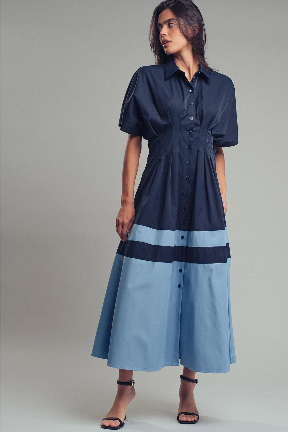 Color Block Button Down Dress Blue