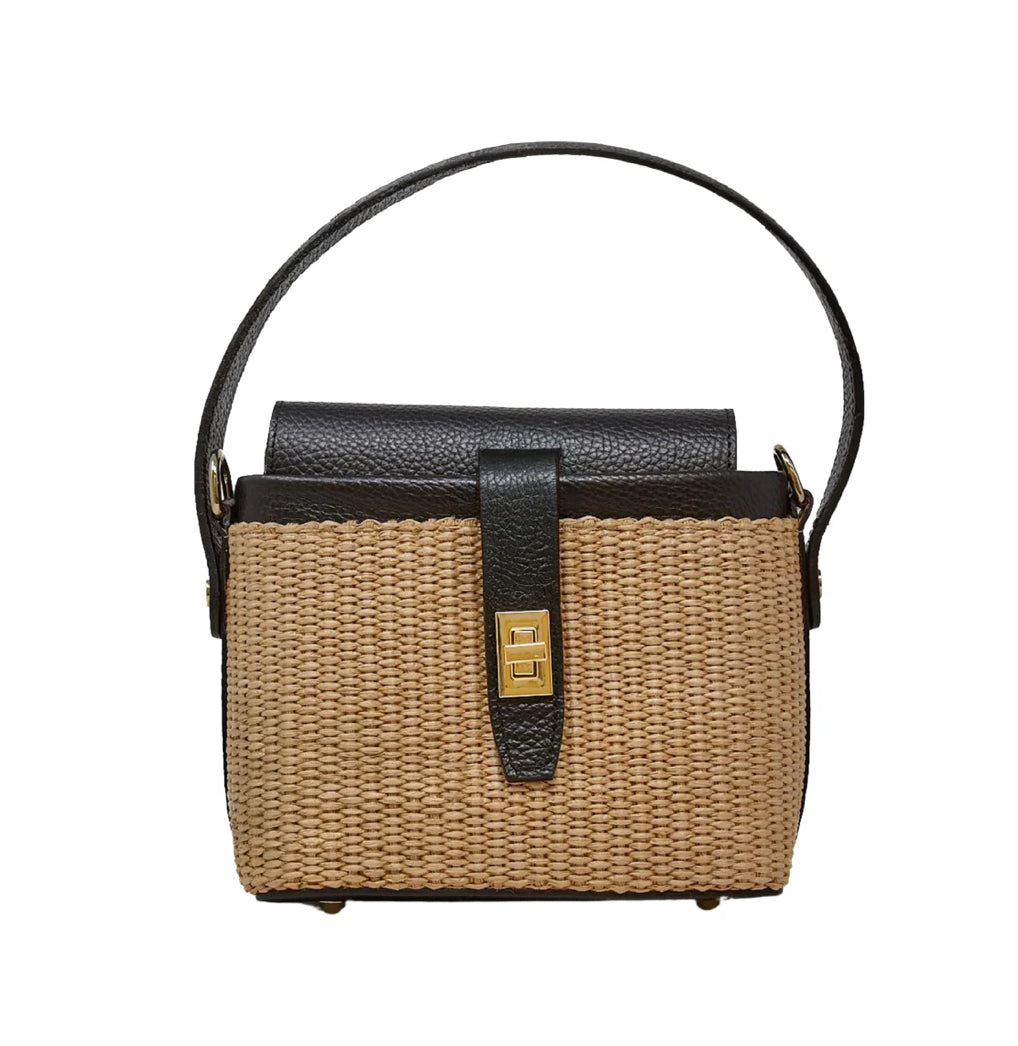Genuine Italian Leather & Rattan Handle Bag With Twilly
