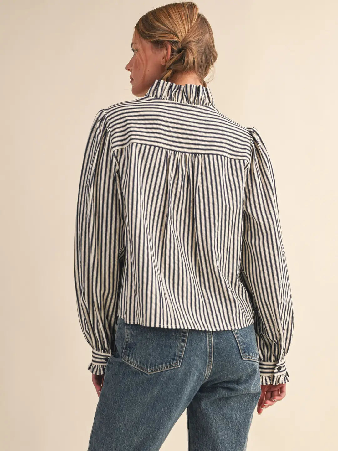 &Merci Stripped Ruffled Button Down Long Sleeve