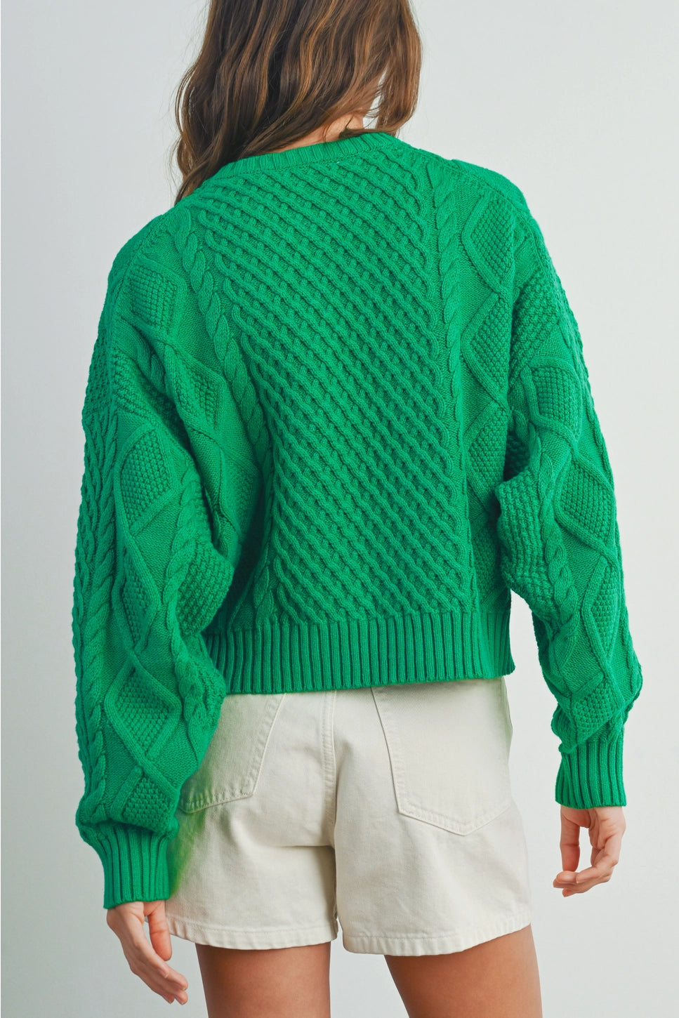 Cozy Cropped Cable Knit Sweater Green