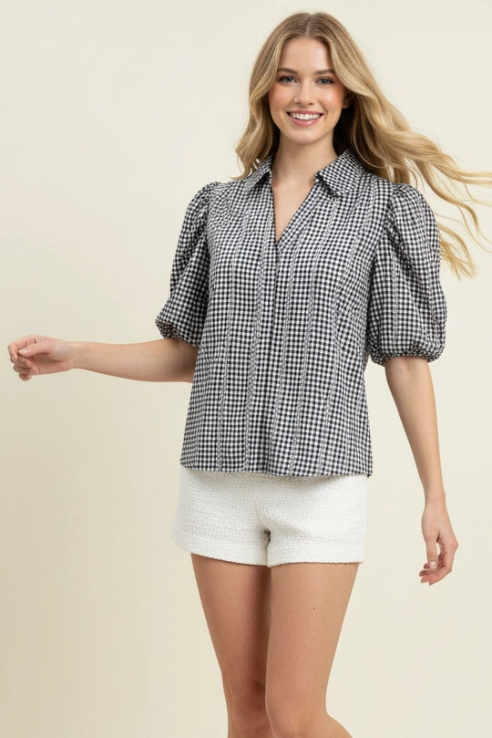 Pinch Floral Gingham Puff Sleeve Top