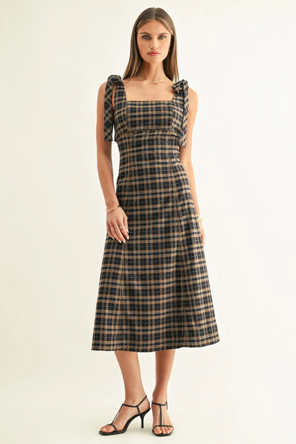 Adelyn Rae Contrast Binding Tied Shoulder Midi Dress
