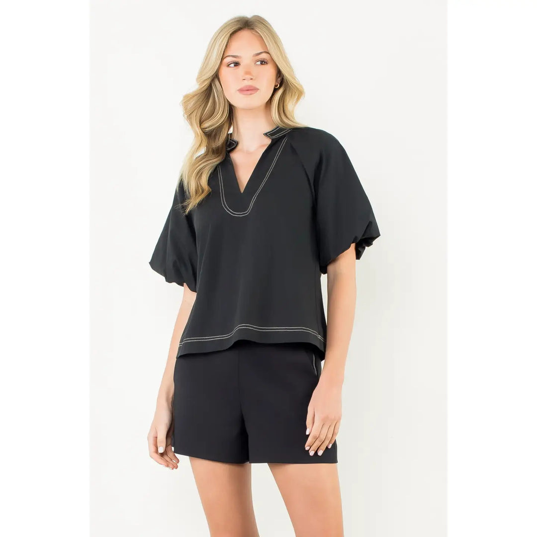 THML Puff Sleeve Solid V-Neck Top