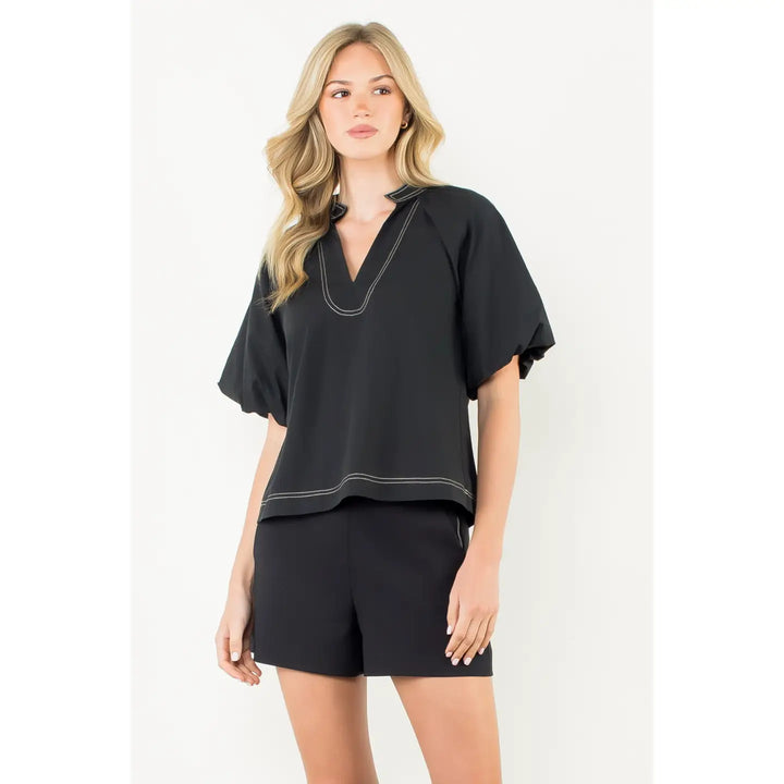 THML Puff Sleeve Solid V-Neck Top