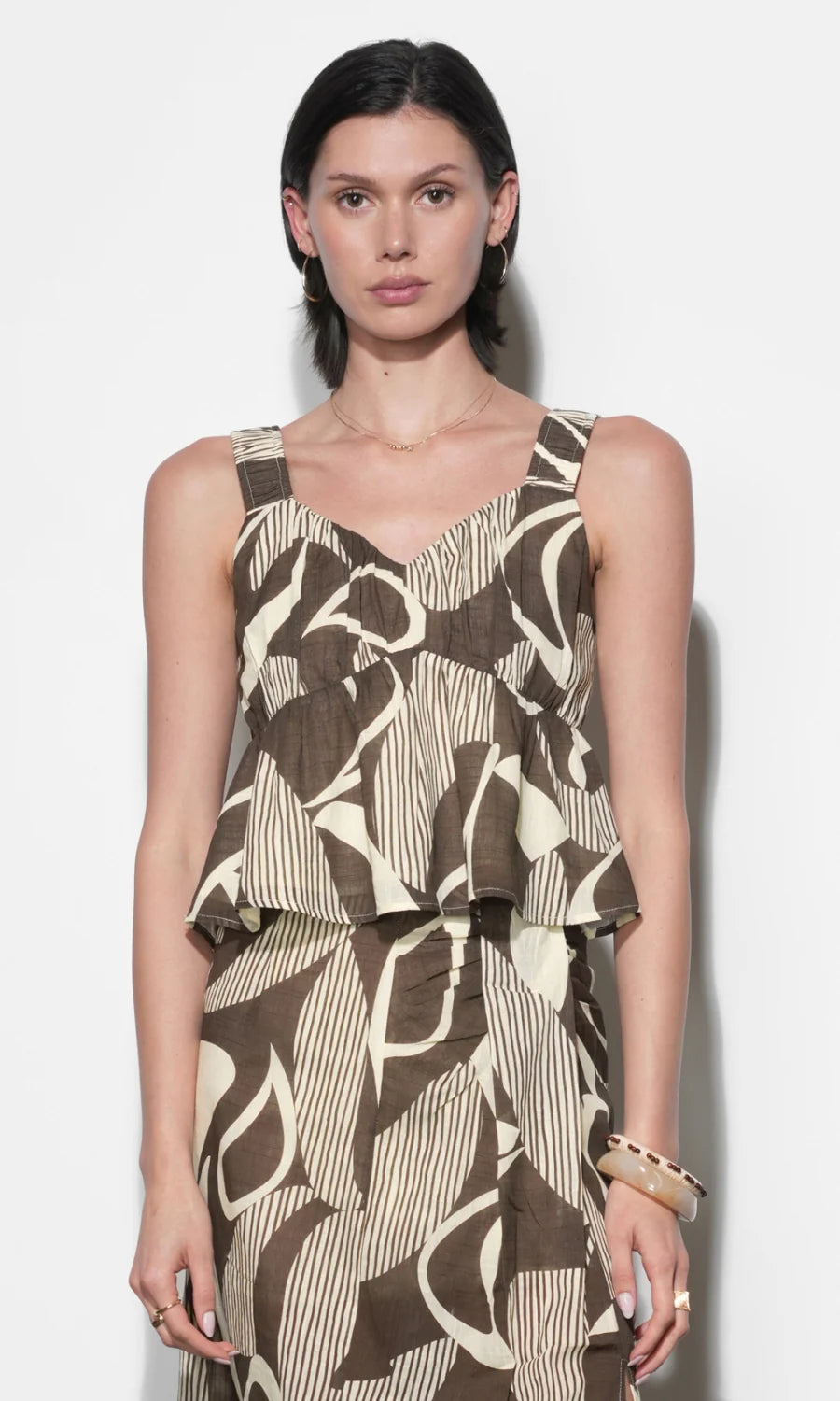 Greylin Jasmine Ruched Peplum Top Ecru/Brown