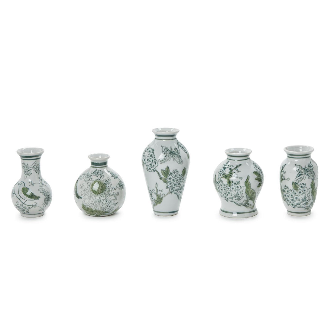 Twos Company Green and White Chinoiserie Vases Set Of Five