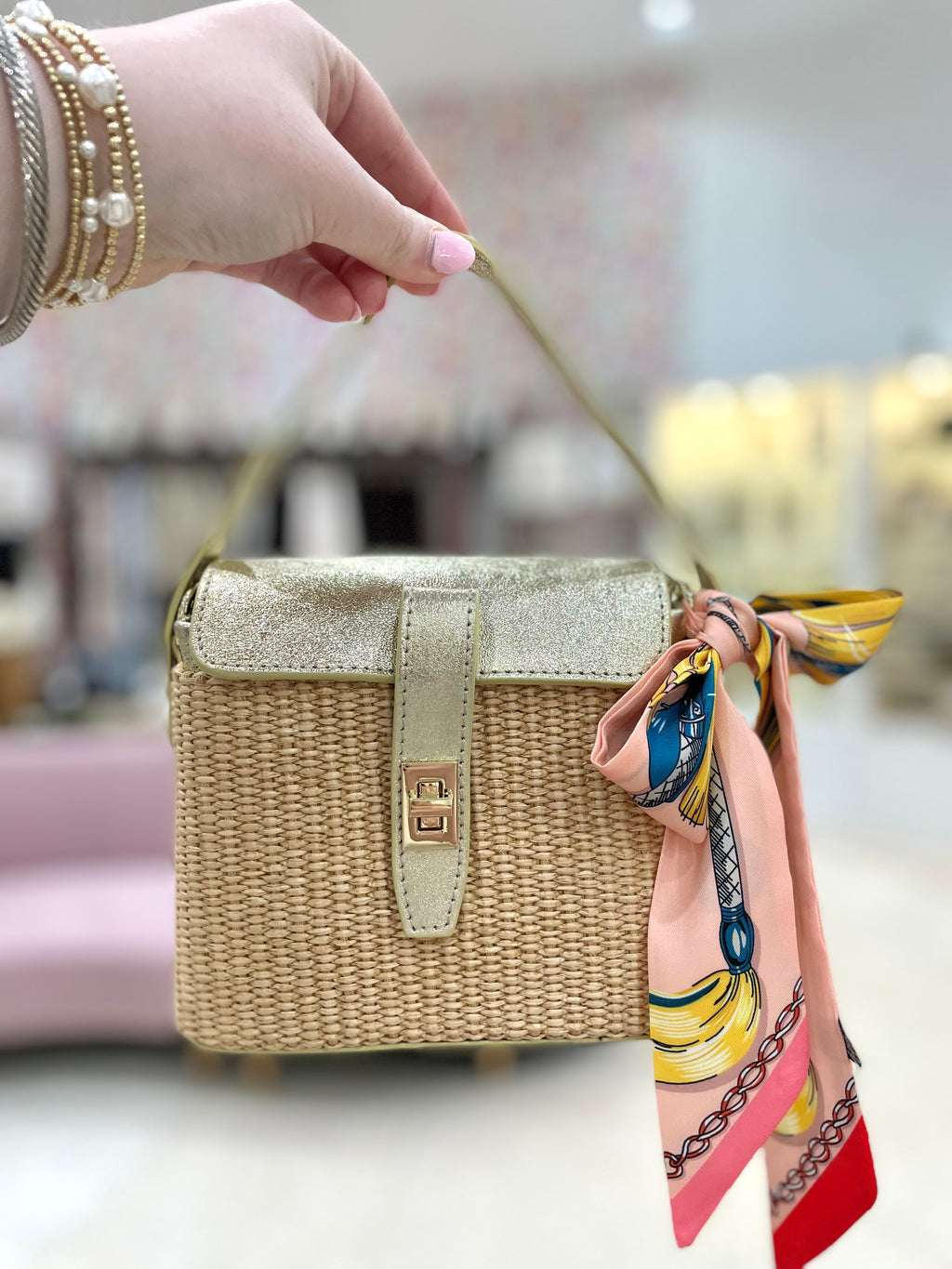 Genuine Italian Leather & Rattan Handle Bag With Twilly