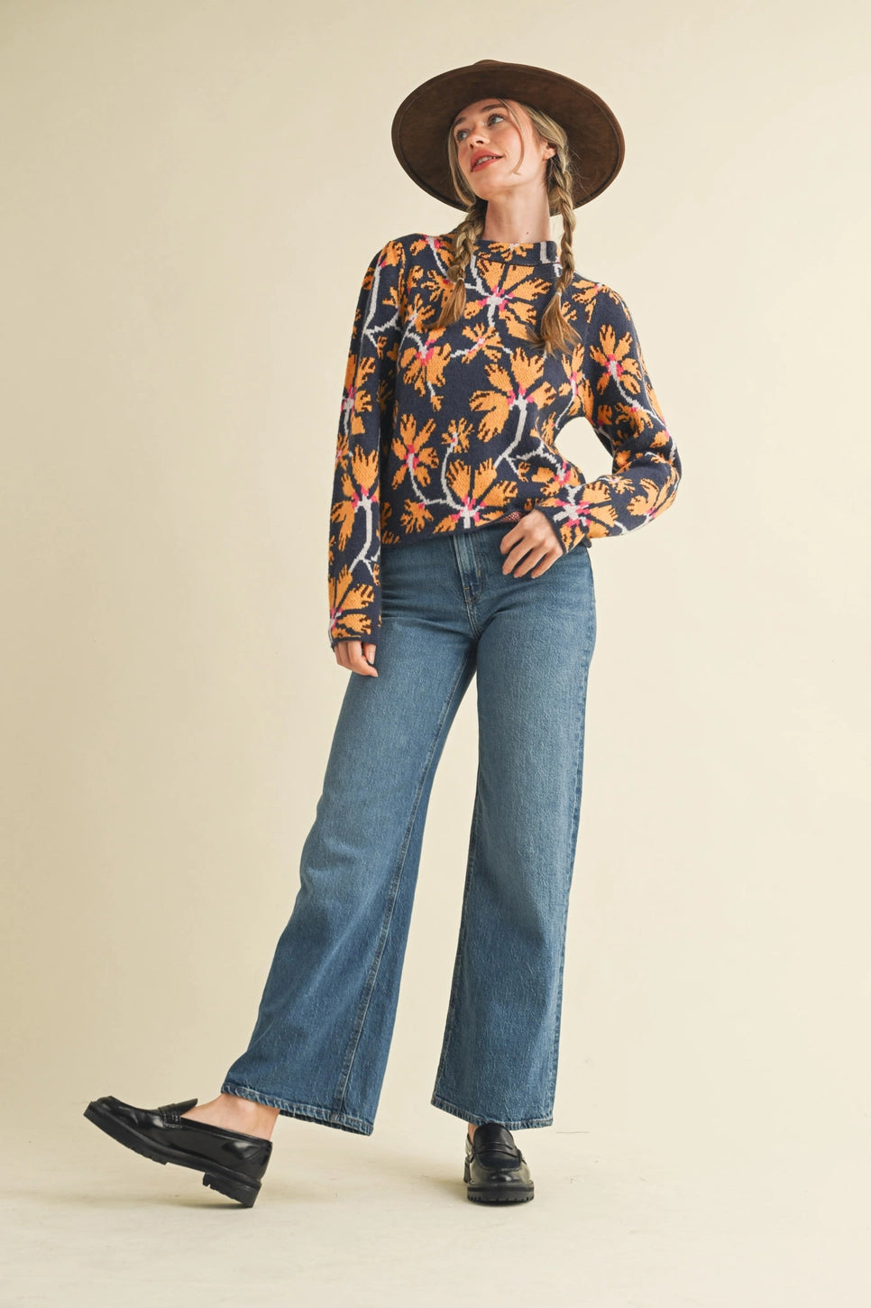 Floral Mock Neck Sweater Orange