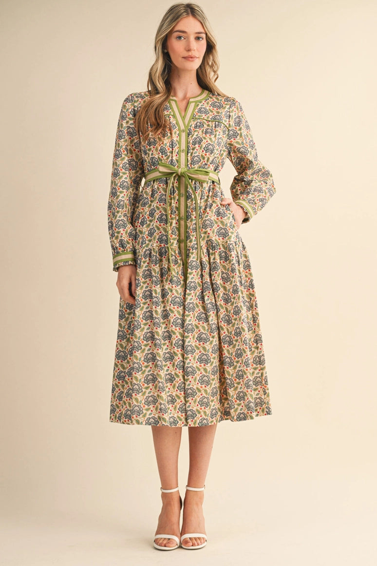 Green Pattern Midi Tie Dress
