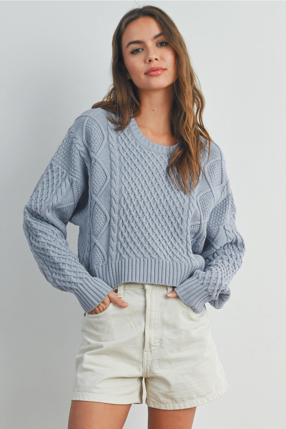 Cozy Cropped Cable Knit Sweater Blue