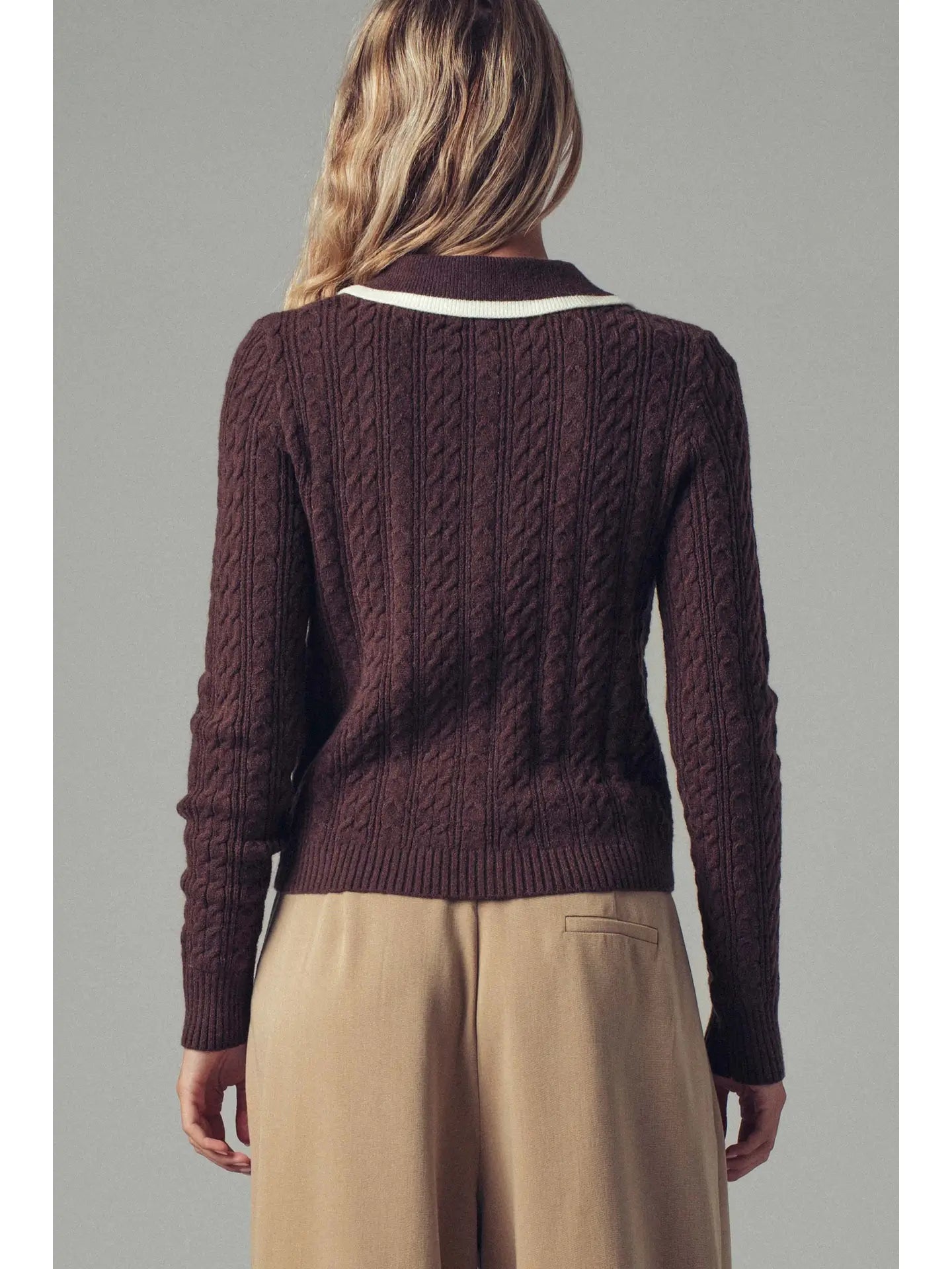 Chocolate Contrast Collar Cable Knit Sweater