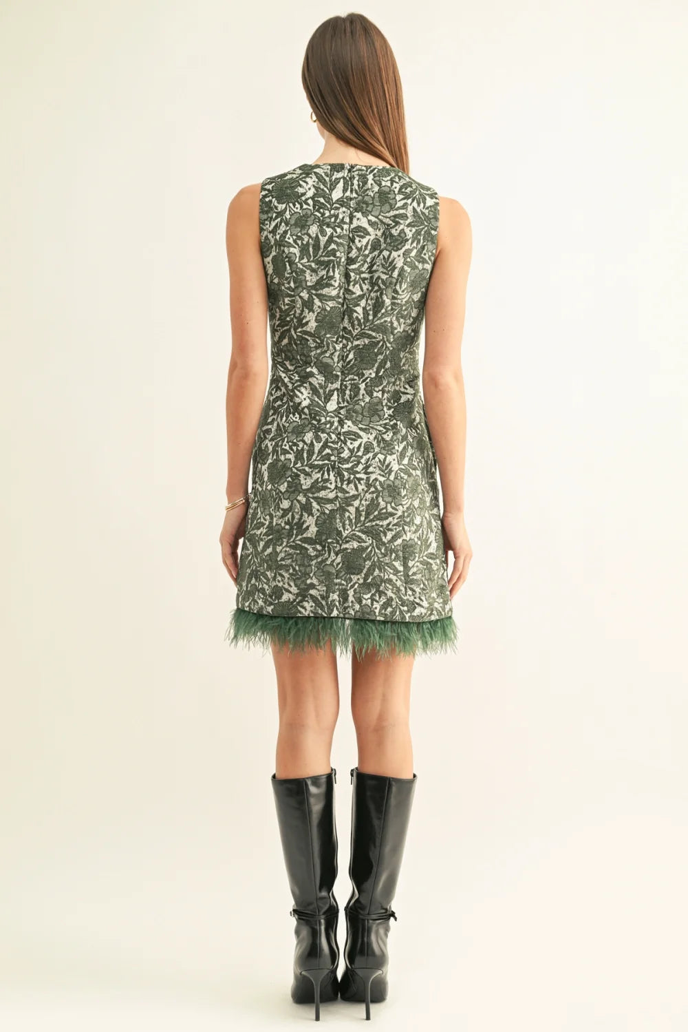 Adelyn Rae Feather Hem Sleeveless Jacquard Mini Dress