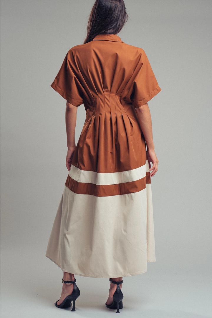 Color Block Button Down Dress Brown