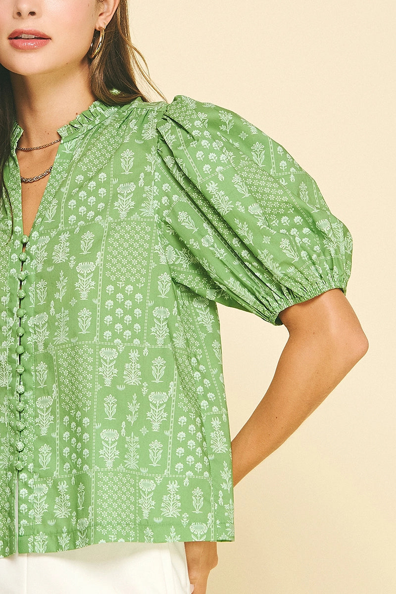 Pinch Green Button Detailed Top