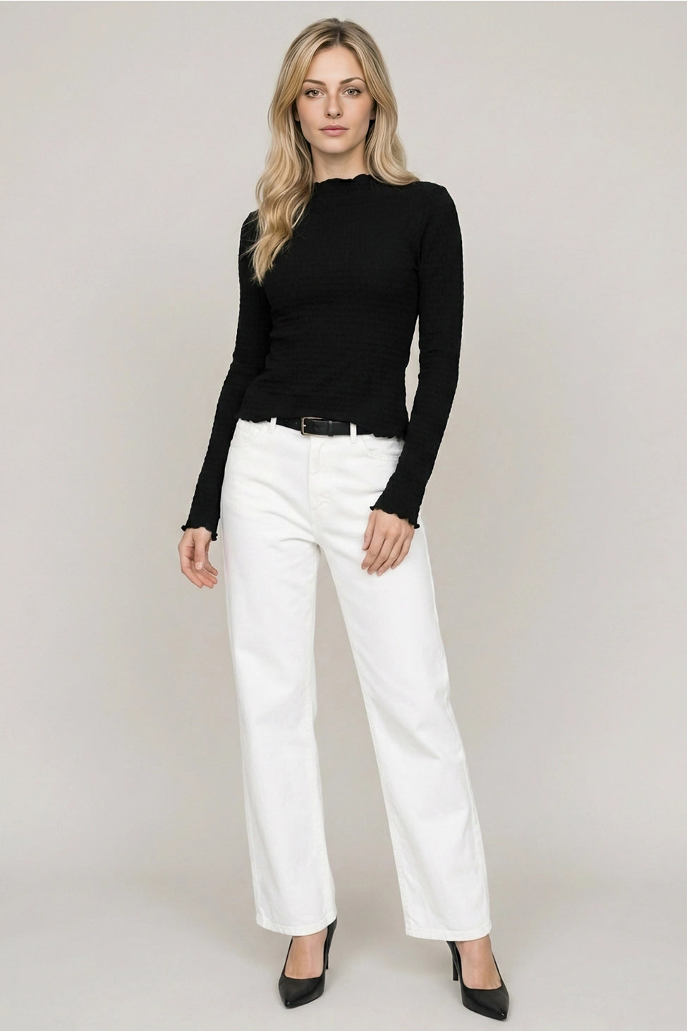 Doe and Rae Smocked Crinkled Texture Mockneck Long Sleeve Top