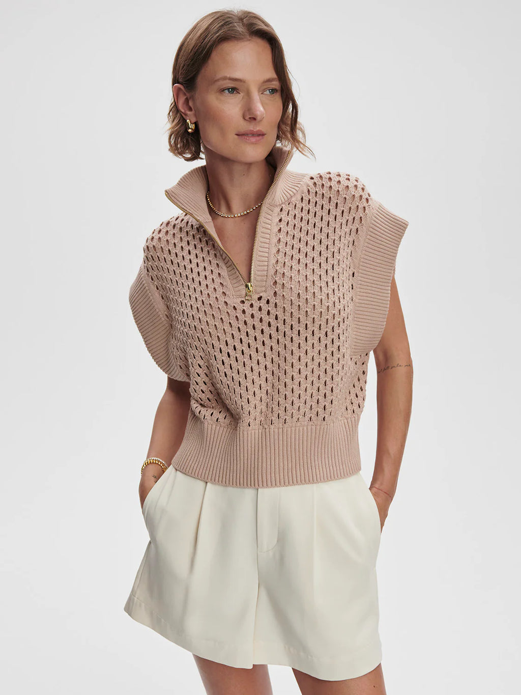 Varley Gaines Half Zip Knit Top Light Taupe