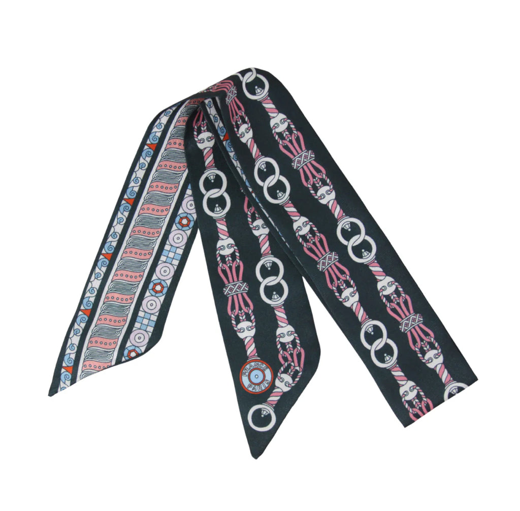 Spiraling Equestrian Motif Printed Skinny Silk Scarf Twilly