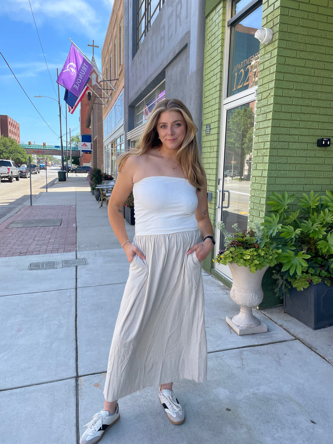 Strapless White & Oatmeal Maxi Dress