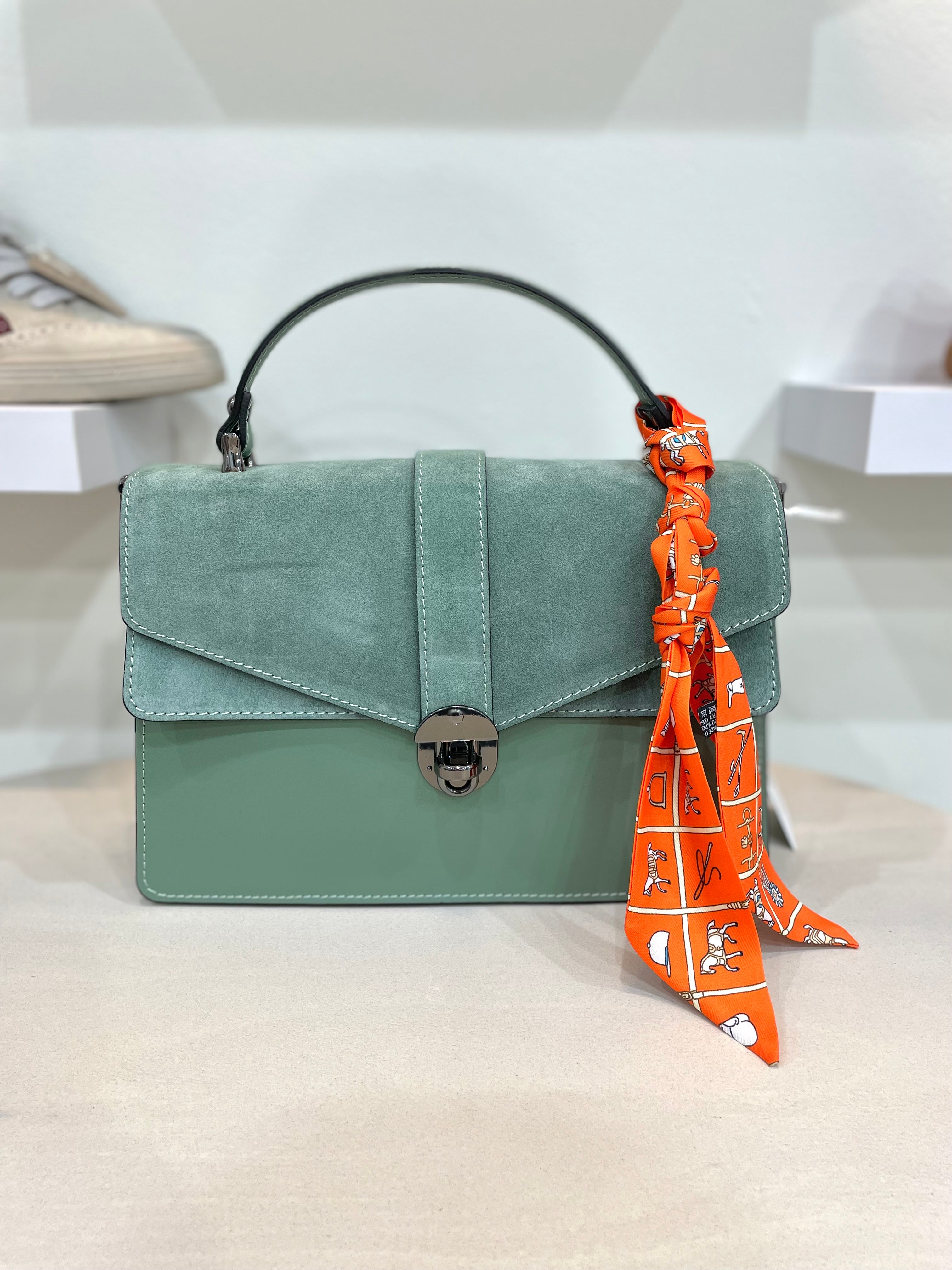 Genuine Italian Leather Satchel Strap Handbag With Twilly